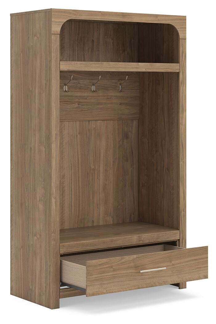 Dovander Brown Hall Tree with Storage Bench angled view