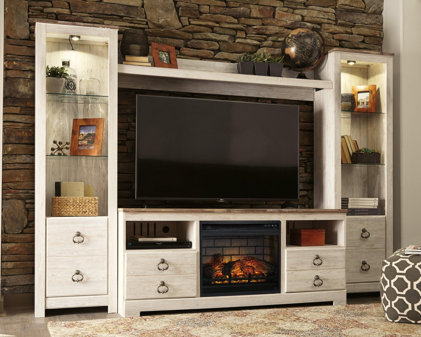 Willowton Whitewash 4-Piece Entertainment Center With Electric Fireplace W267W9 - Ella Furniture