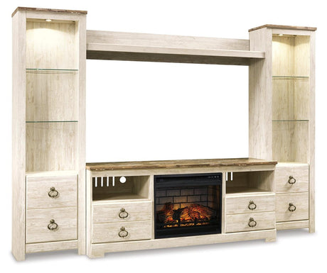 Willowton Whitewash 4-Piece Entertainment Center With Electric Fireplace W267W9 - Ella Furniture