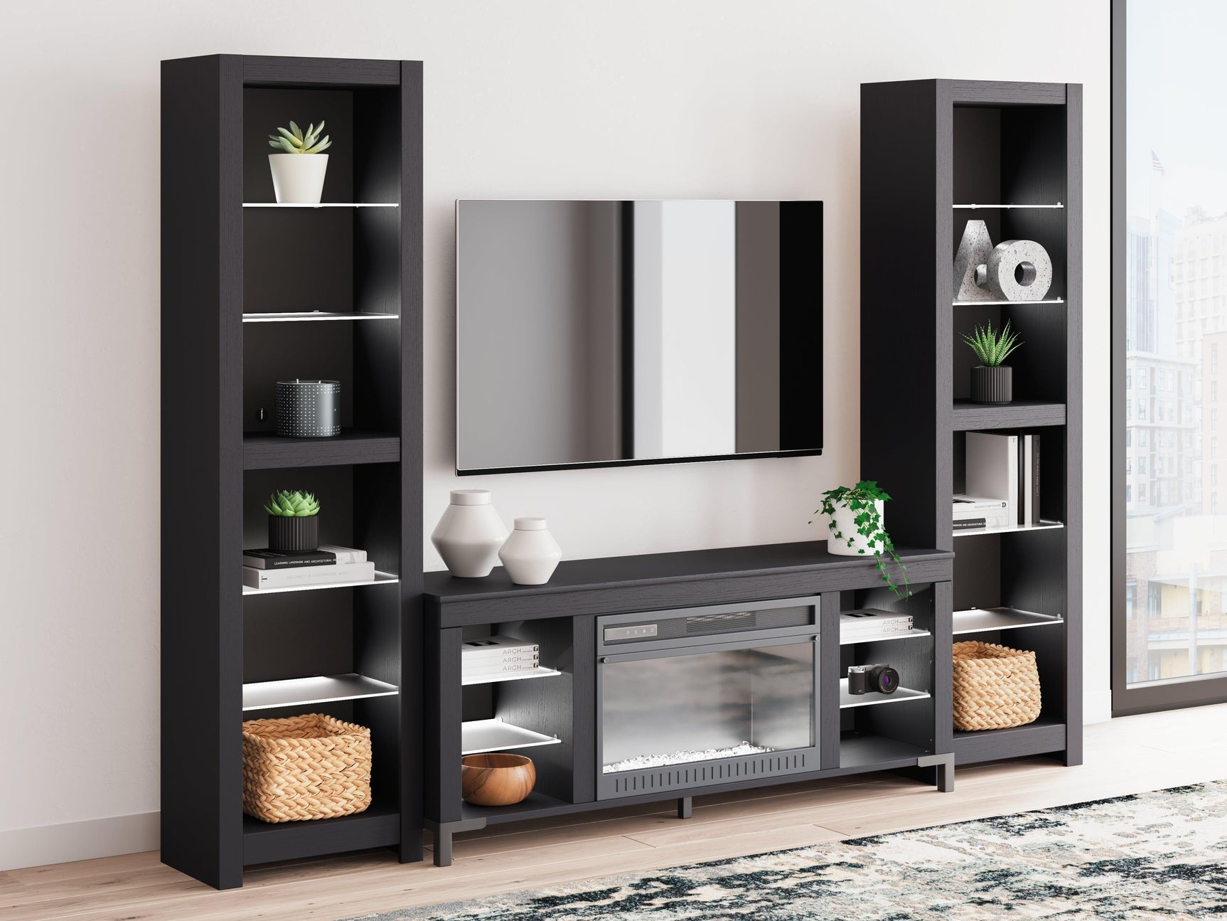Cayberry Black 3-Piece Entertainment Center with Electric Fireplace