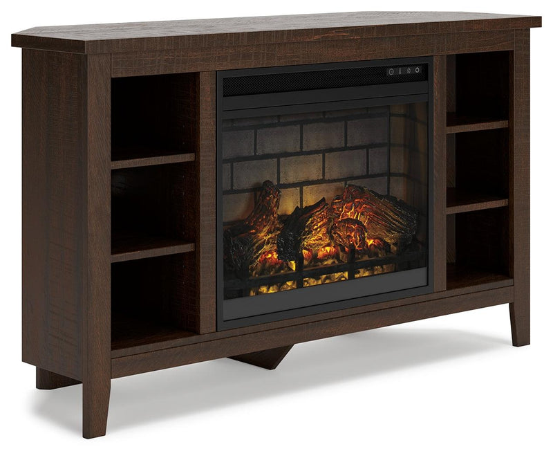 Camiburg Warm Brown Corner Tv Stand With Electric Fireplace - Ella Furniture