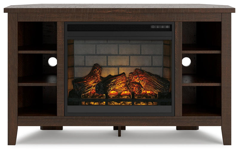 Camiburg Warm Brown Corner Tv Stand With Electric Fireplace - Ella Furniture
