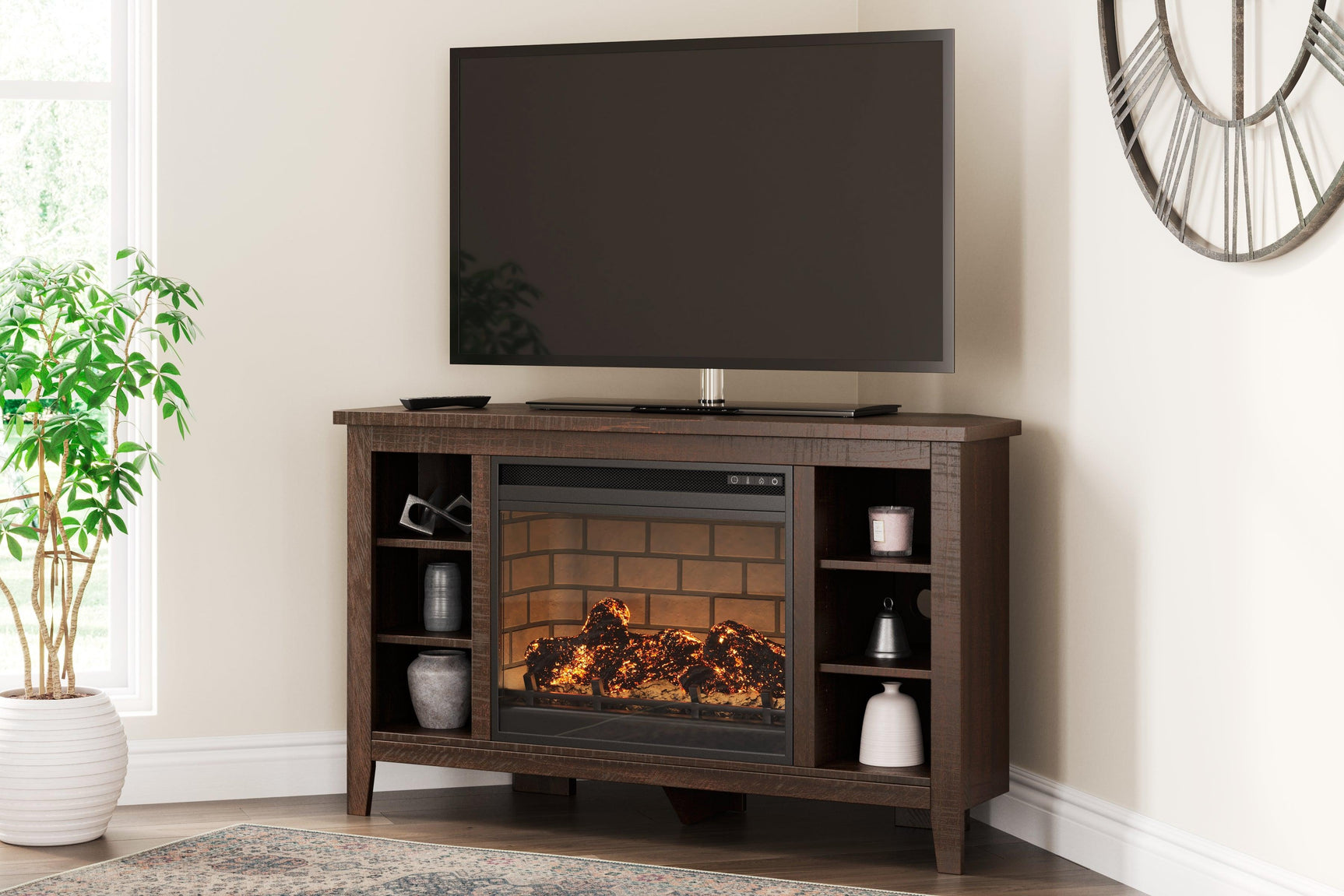 Camiburg Warm Brown Corner Tv Stand With Electric Fireplace - Ella Furniture