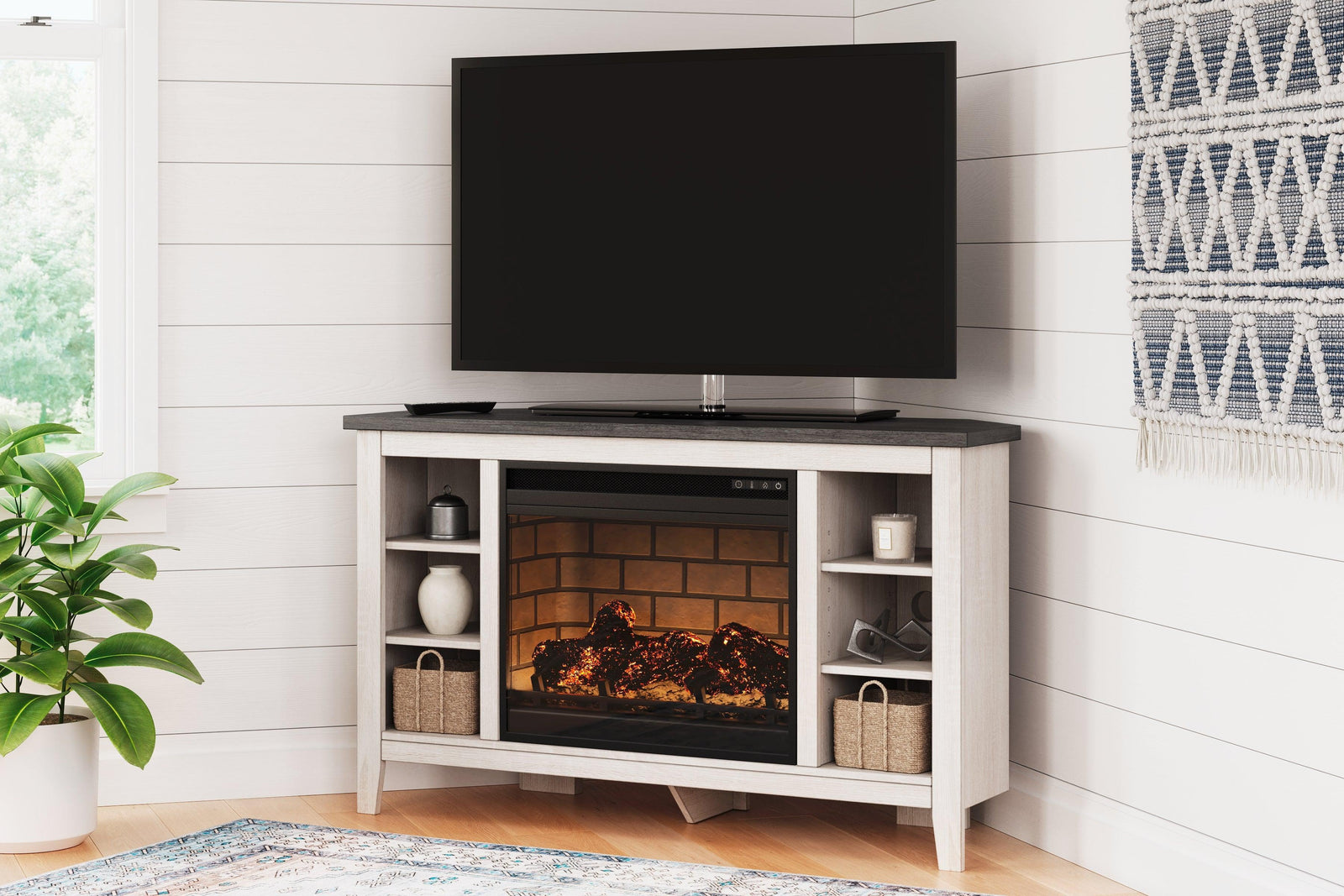 Dorrinson Two-tone Corner Tv Stand With Electric Fireplace - Ella Furniture