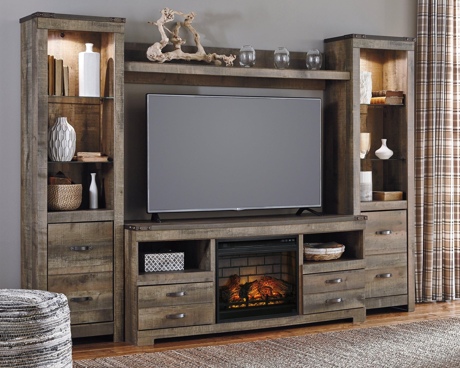 Trinell Brown 4-Piece Entertainment Center With Electric Fireplace W446W8