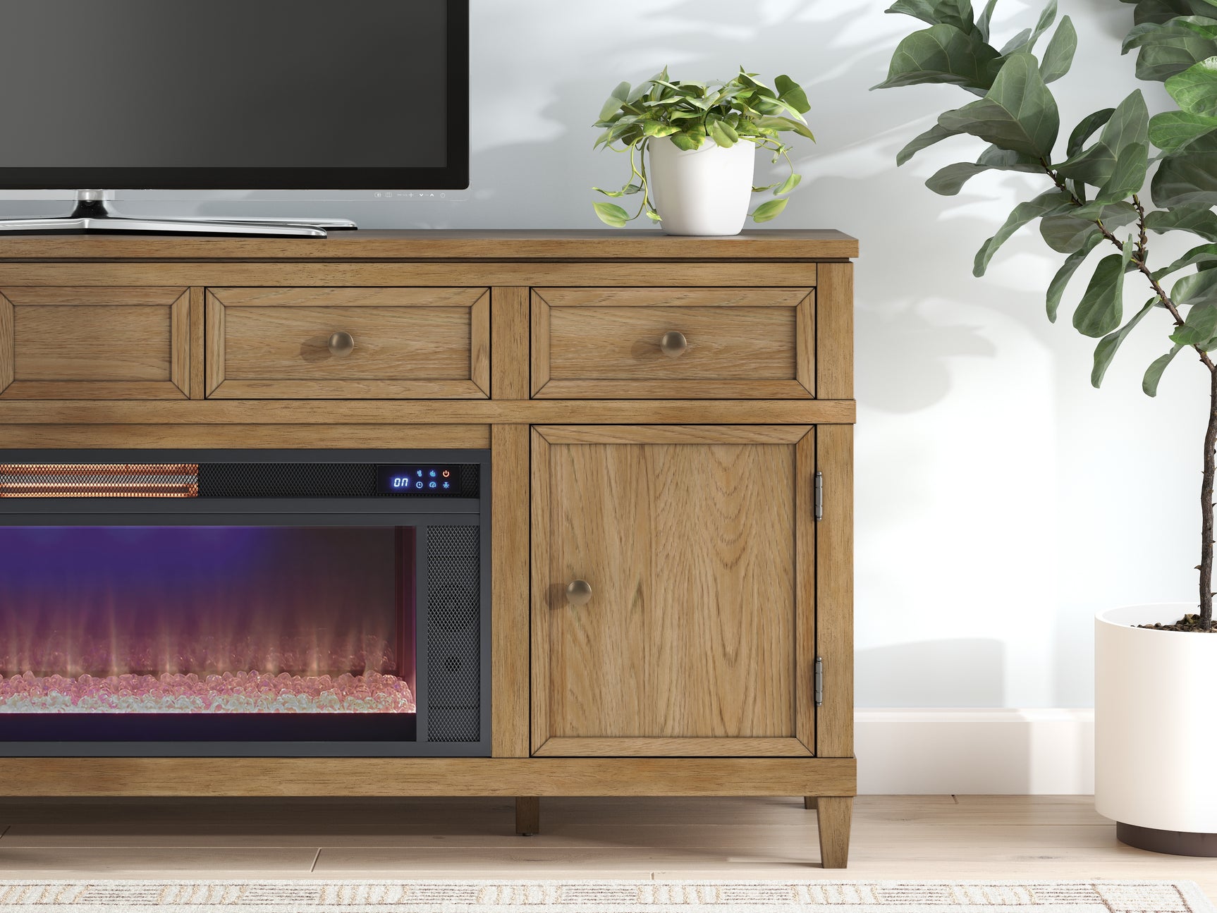 Sharlance Light Brown 81" TV Stand with Electric Fireplace