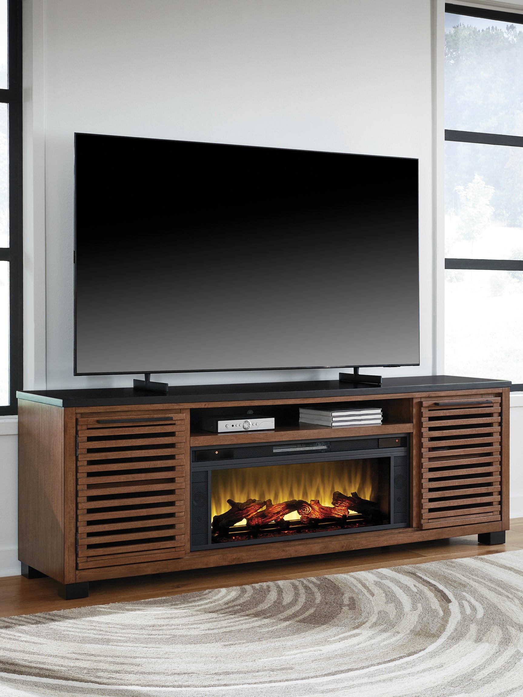 Kallari Warm Brown/Black 84" TV Stand with Electric Fireplace
