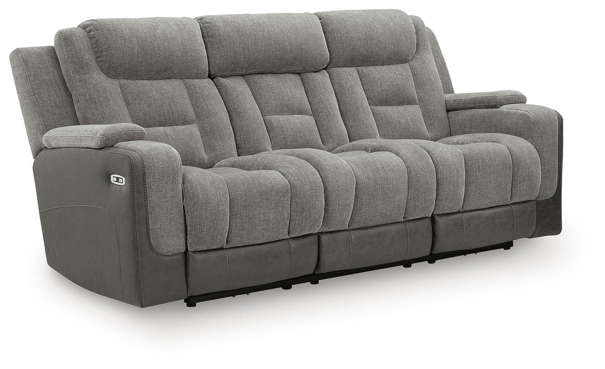 Mixed Motion Shadow Chenille / Faux Leather Power Reclining Sofa — angled view