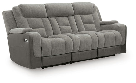 Mixed Motion Shadow Chenille / Faux Leather Power Reclining Sofa — angled view