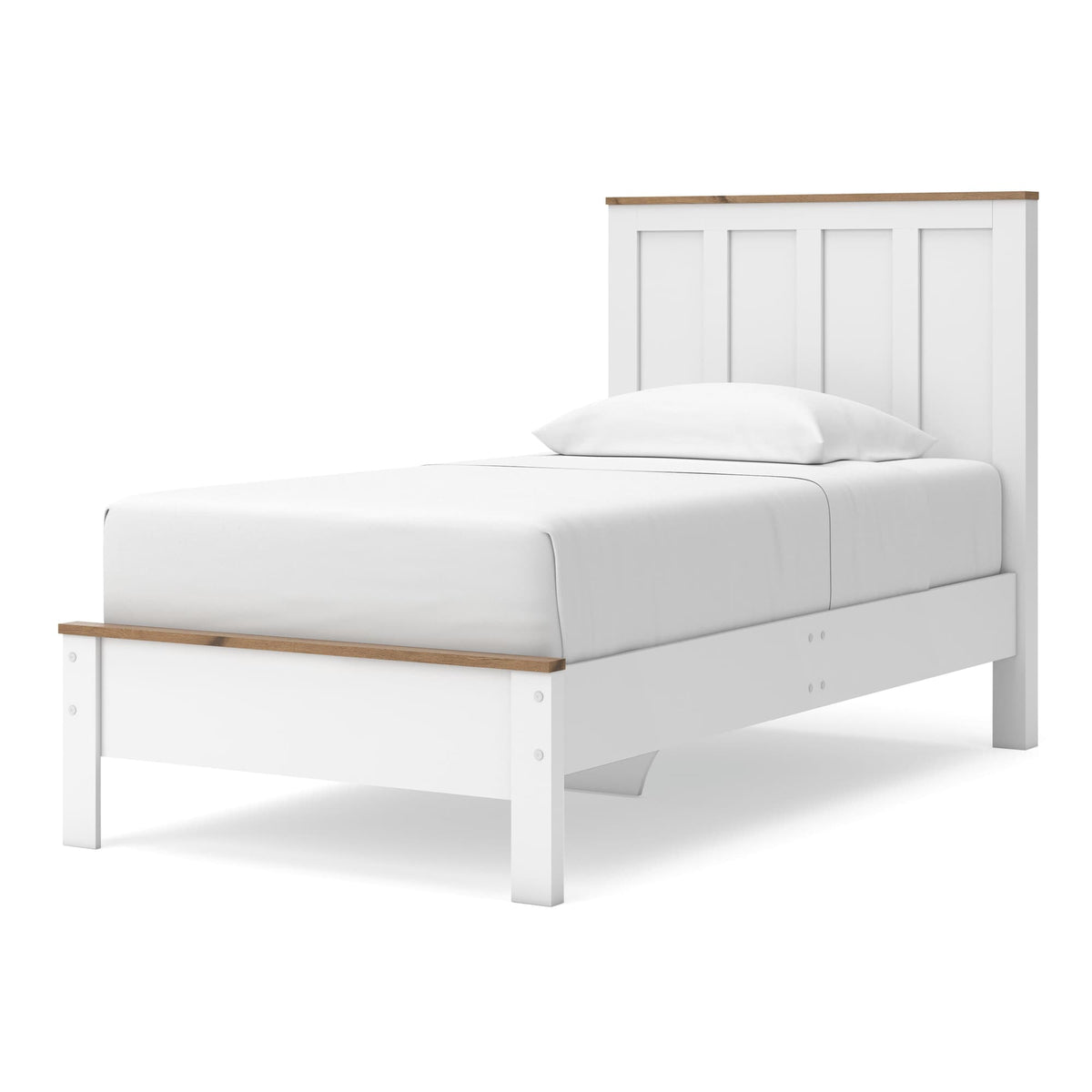 Kerisden White/Brown Twin Panel Complete Bed Frame — angled view