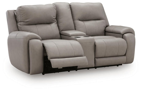 Real Moments Ash Leather Power Reclining Loveseat with Audio Seating — angled view