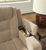 Mixed Motion Brownstone Chenille / Faux Leather Power Reclining Loveseat with Console — detail view