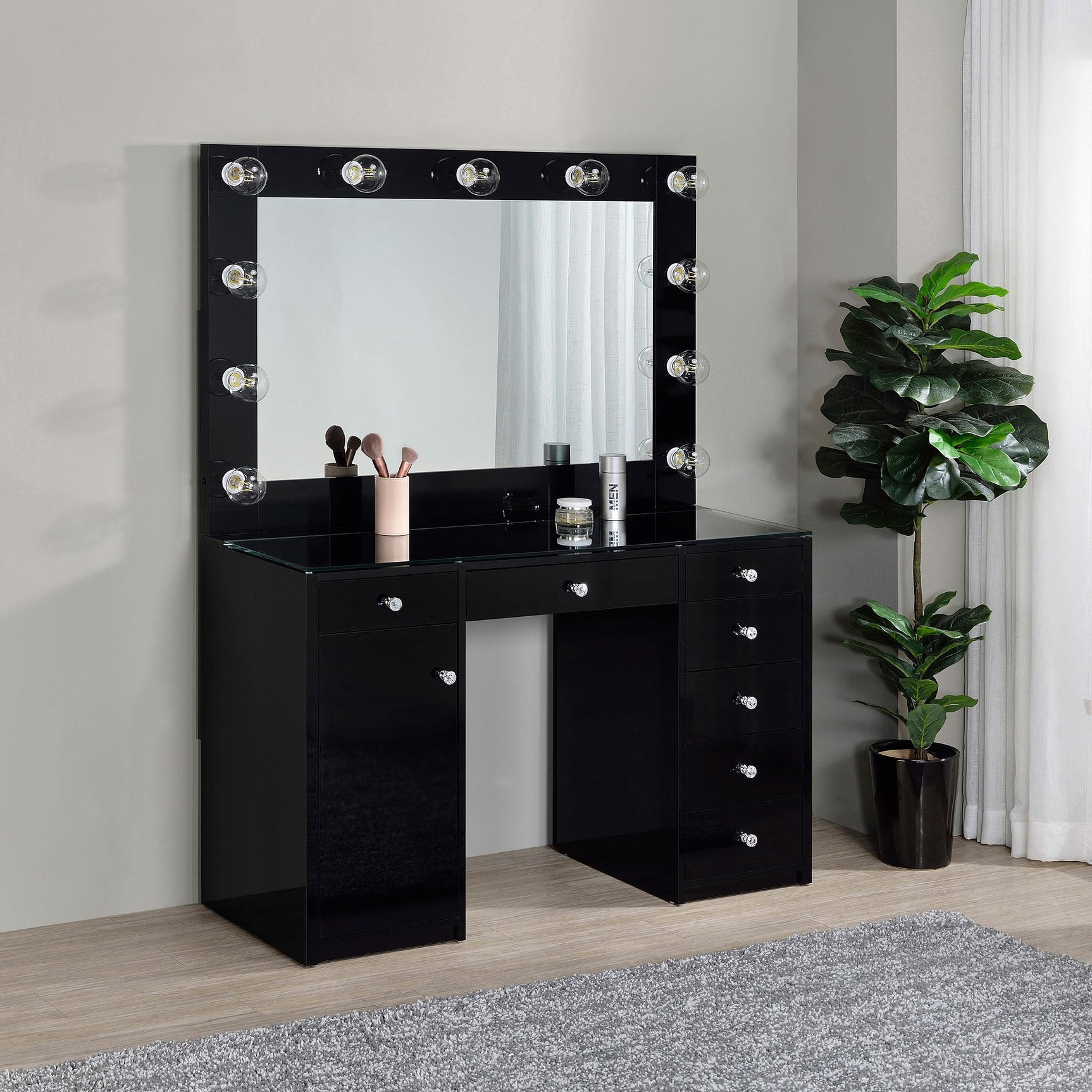 Acena 7-drawer Vanity Set with Lighting Black High Gloss 931144 - Ella Furniture