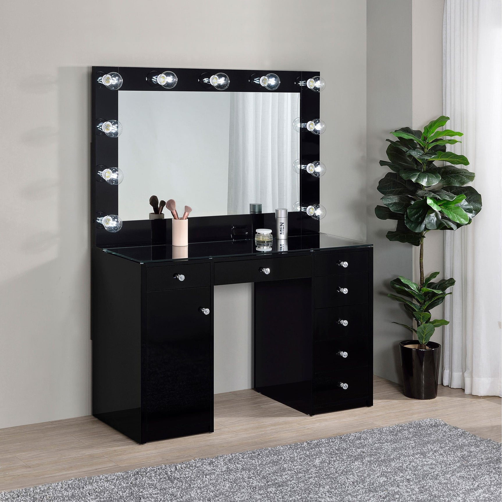 Acena 7-drawer Vanity Set with Lighting Black High Gloss 931144 - Ella Furniture