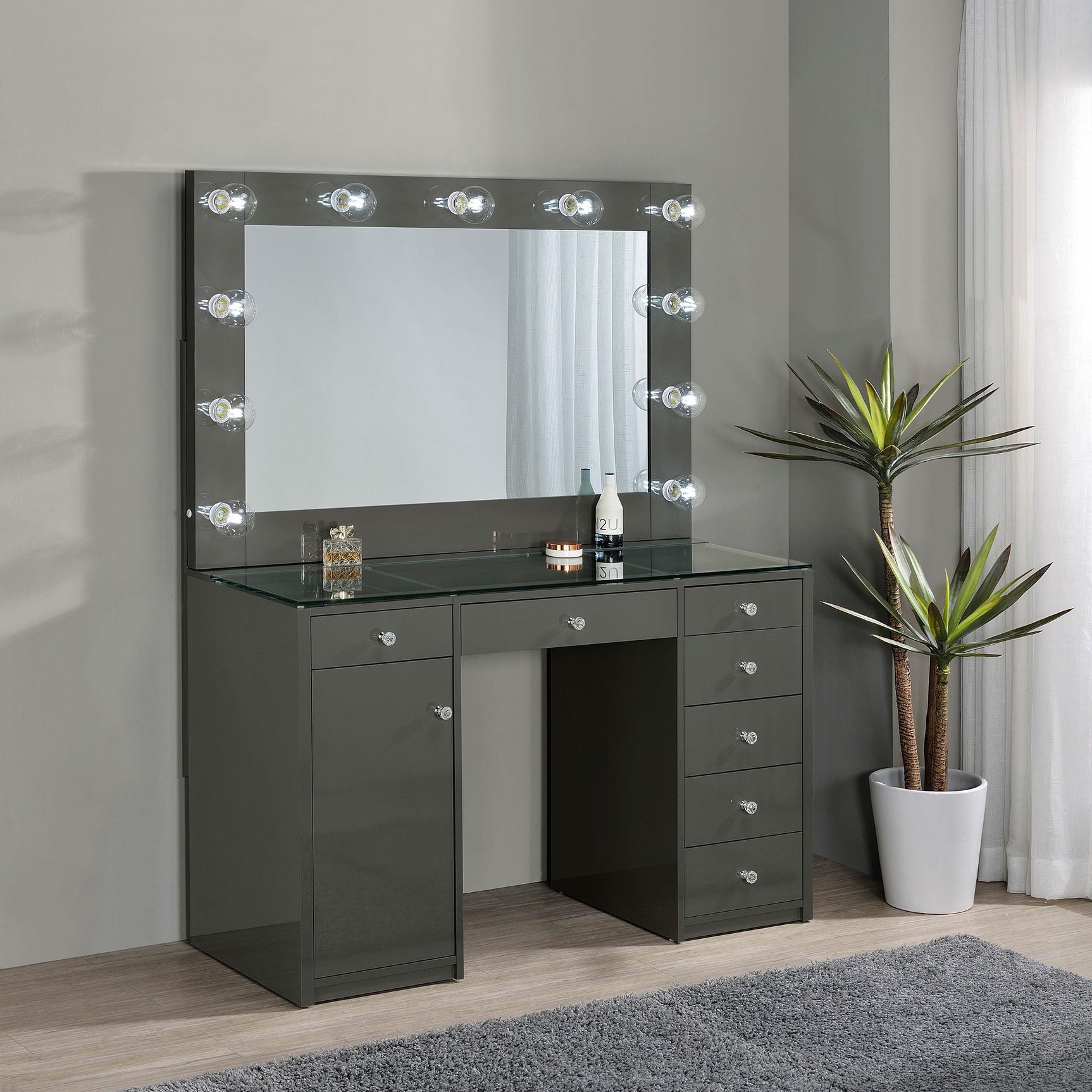 Acena 7-drawer Vanity Set with Lighting Grey High Gloss 931145 - Ella Furniture