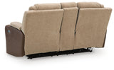 Mixed Motion Brownstone Chenille / Faux Leather Power Reclining Loveseat with Console — back view