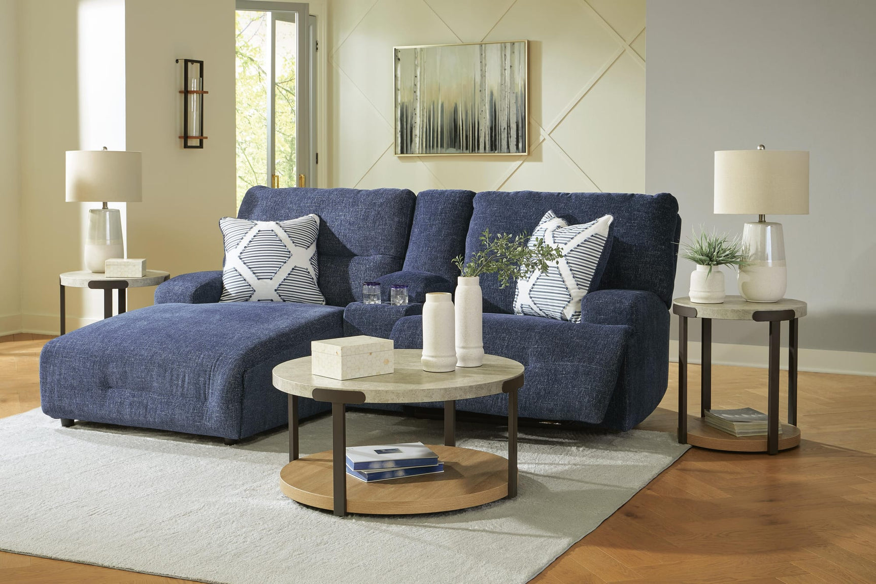 Acklen Place Navy Performance Fabric,Next-Gen Nuvella™ 3-Piece Power Reclining Sectional Sofa with Chaise from Ella Furniture