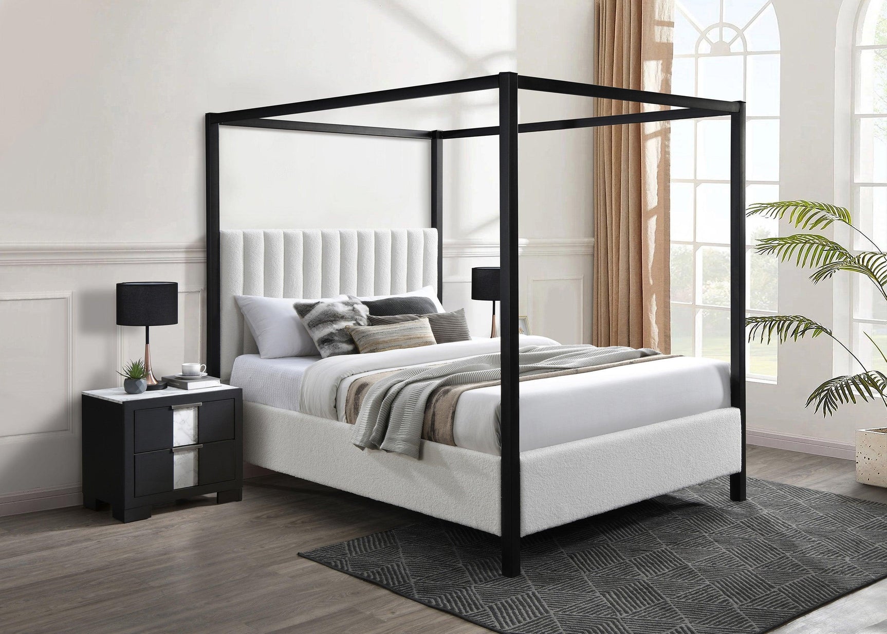 Adalyn Canopy White Modern Solid Wood Velvet Upholstered Queen Bed - Ella Furniture