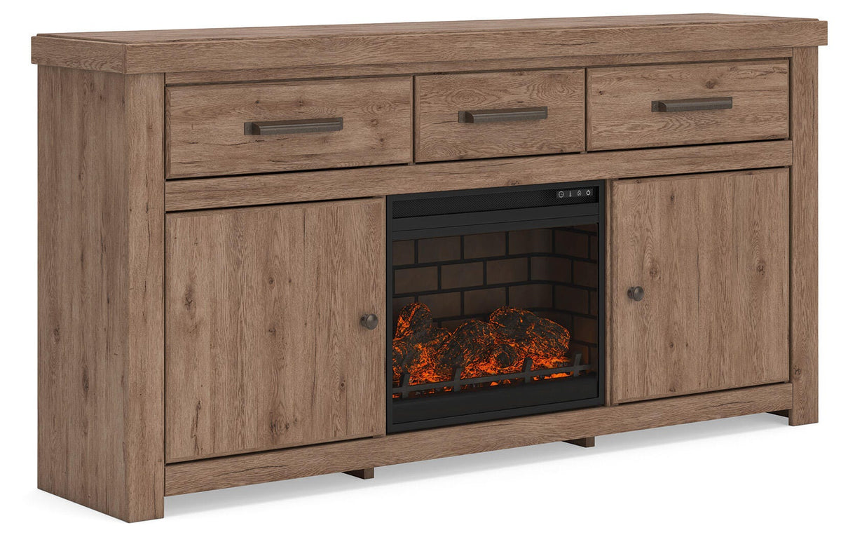 Garistyn Brown 73" TV Stand with Electric Fireplace — angled view