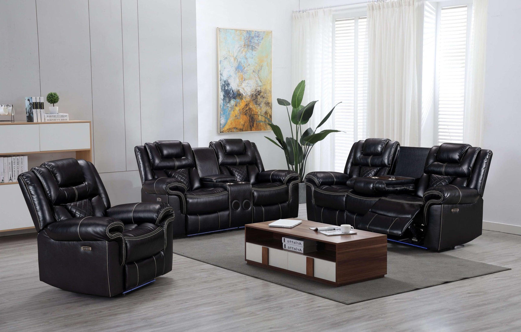 Alexa Black Modern Contemporary Faux Leather Gel 3Pc Power Reclining Set - Ella Furniture