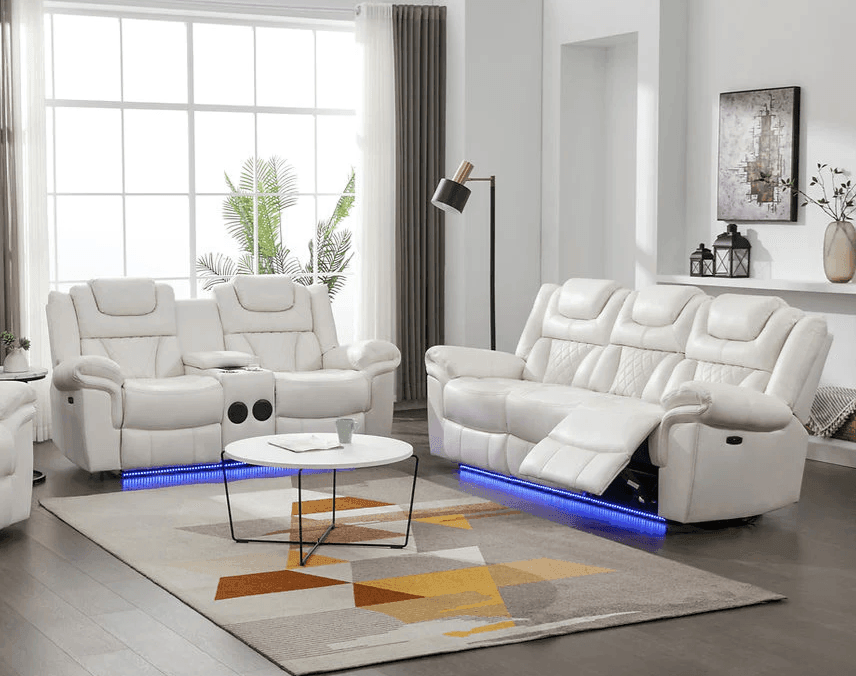 Alexa White Modern Contemporary Faux Leather LED 3Pc Power Reclining Set - Ella Furniture