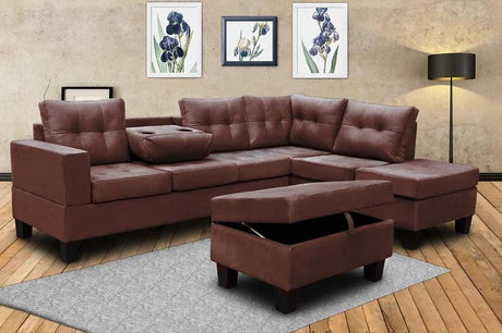 Allen Parkway Brown Modern Thick Microfiber Tufted 3Pcs Sectional With Storage Ottoman - Ella Furniture