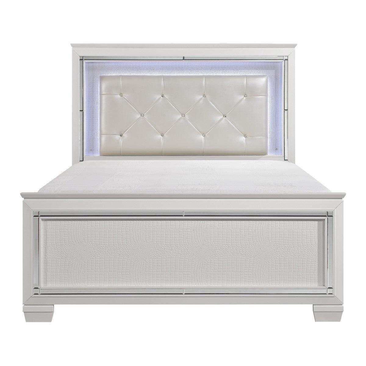 Allura White Faux Alligator Contemporary Wood Faux Leather Upholstered Tufted Queen LED Panel Bed - Ella Furniture
