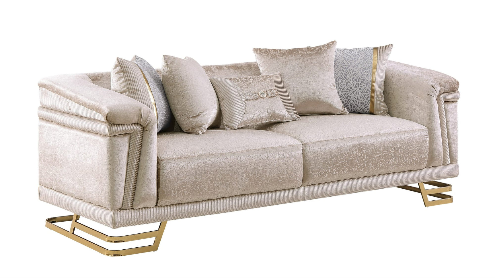 Amalfi Champagne Crushed Velvet Sofa and Loveseat Set with Gold Geometric Bases and Pillows view 2