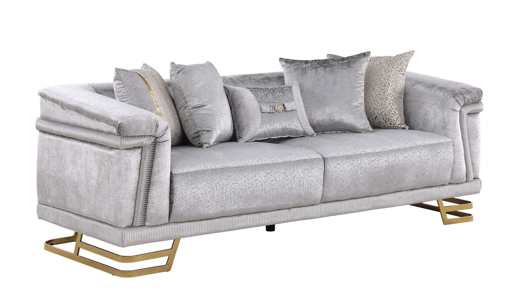 Amalfi Grey Crushed Velvet Sofa and Loveseat Set with Gold Geometric Bases and Pillows view 3