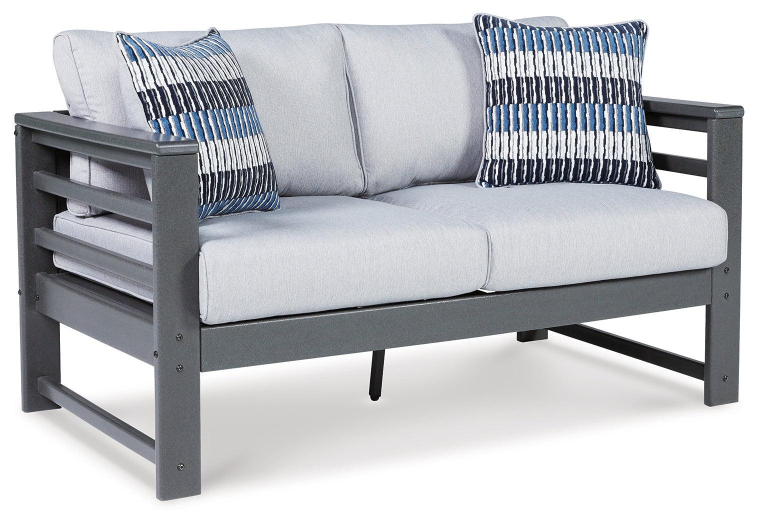 Amora Charcoal Gray Outdoor Loveseat And 2 Chairs With Coffee Table - Ella Furniture
