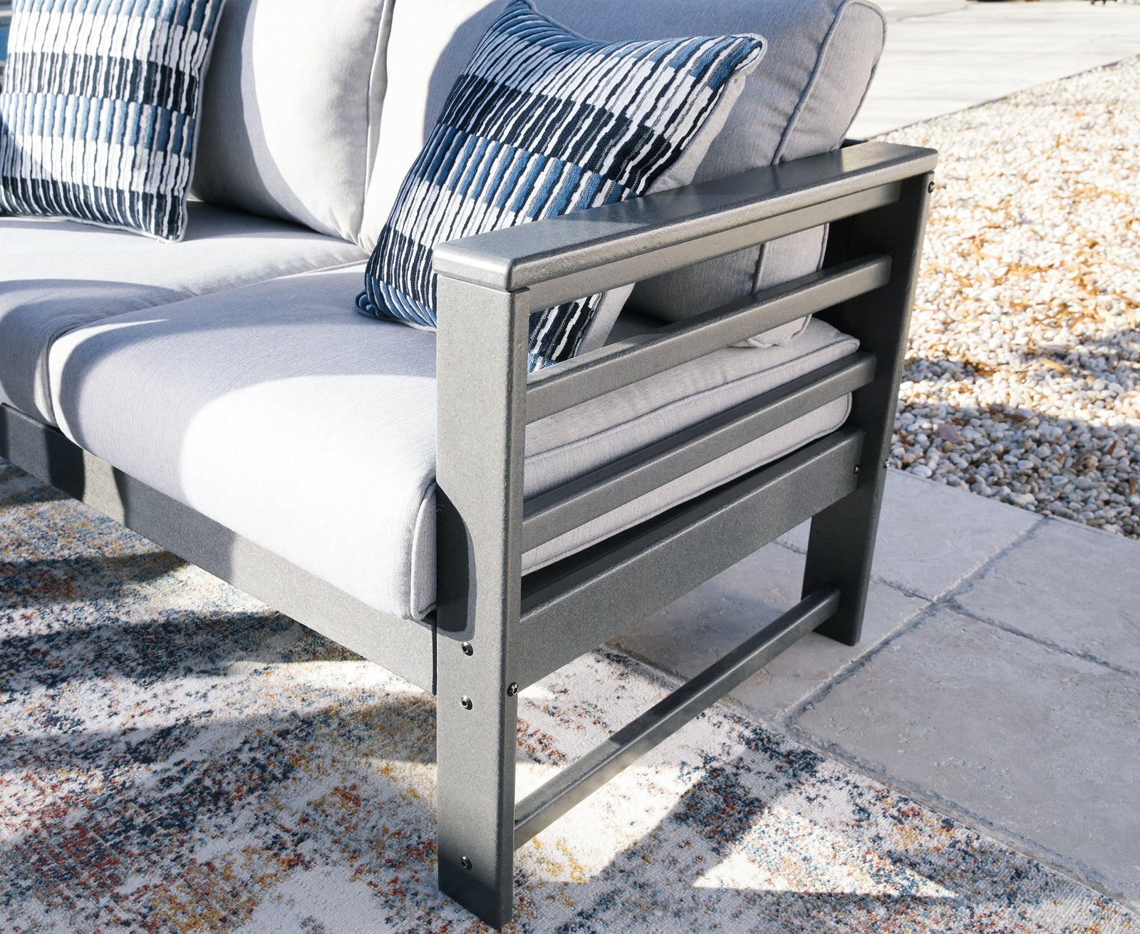 Amora Charcoal Gray Outdoor Loveseat With Coffee Table - Ella Furniture