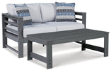 Amora Charcoal Gray Outdoor Loveseat With Coffee Table - Ella Furniture