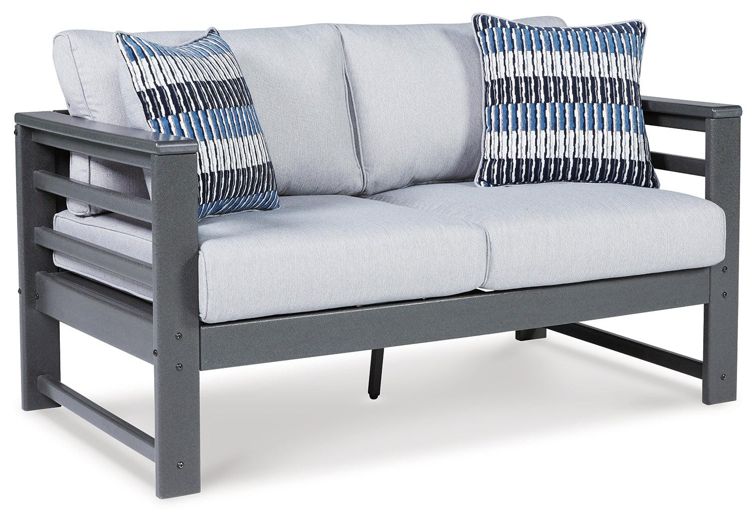 Amora Charcoal Gray Outdoor Loveseat With Coffee Table - Ella Furniture