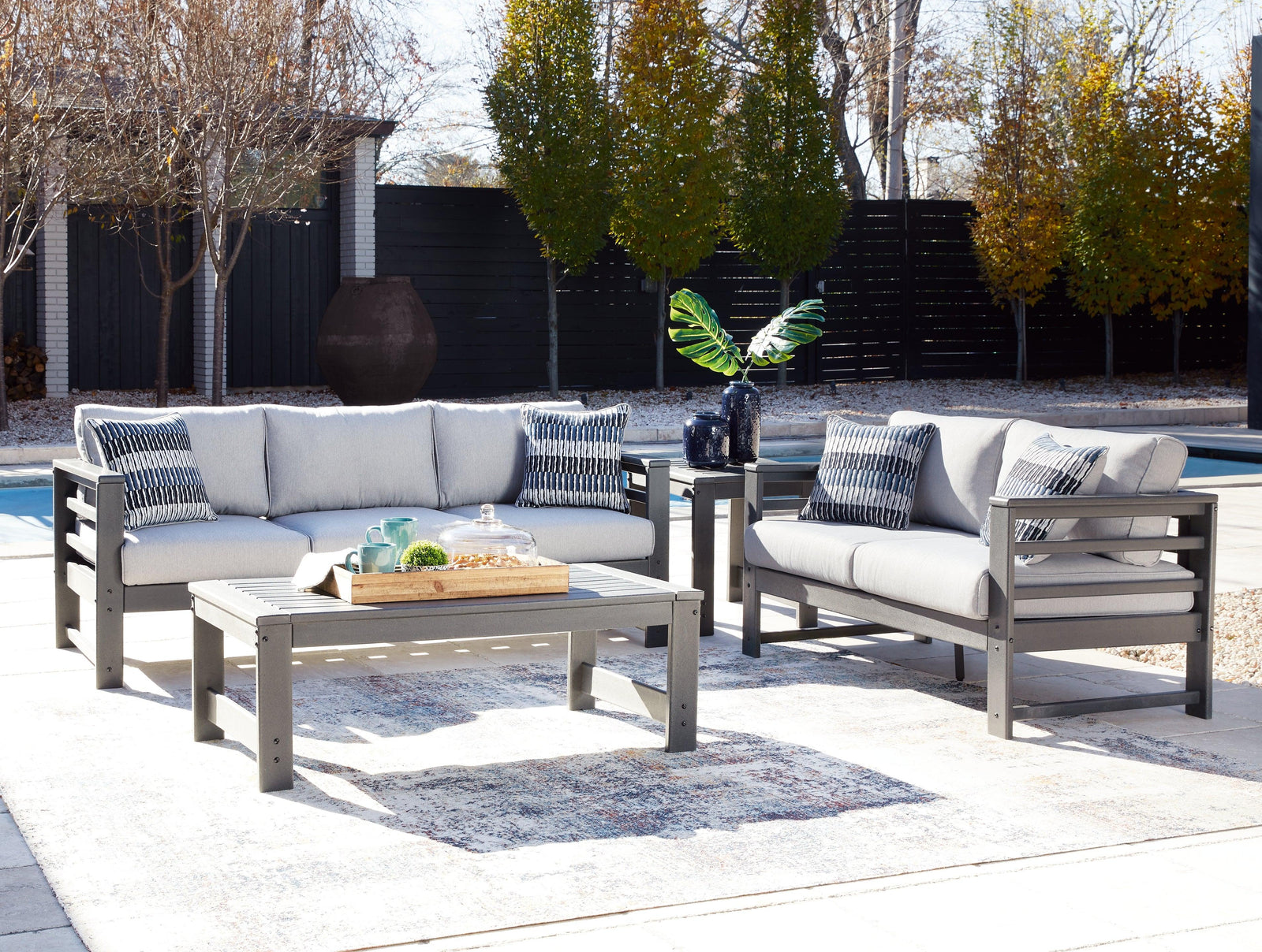 Amora Charcoal Gray Outdoor Sofa And Loveseat With Coffee Table And 2 End Tables - Ella Furniture