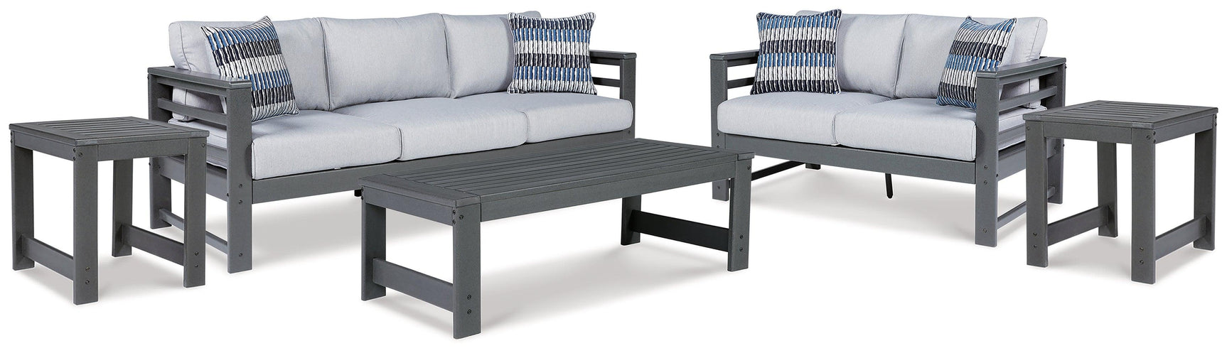 Amora Charcoal Gray Outdoor Sofa And Loveseat With Coffee Table And 2 End Tables - Ella Furniture