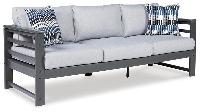 Amora Charcoal Gray Outdoor Sofa And Loveseat With Coffee Table And 2 End Tables - Ella Furniture