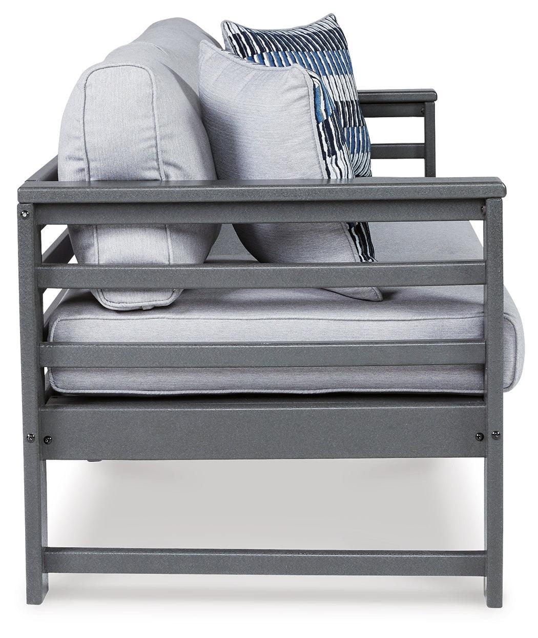 Amora Charcoal Gray Outdoor Sofa And Loveseat With Coffee Table And 2 End Tables - Ella Furniture