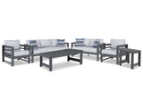 Amora Charcoal Gray Outdoor Sofa, Loveseat And 2 Lounge Chairs With Coffee Table And End Table - Ella Furniture