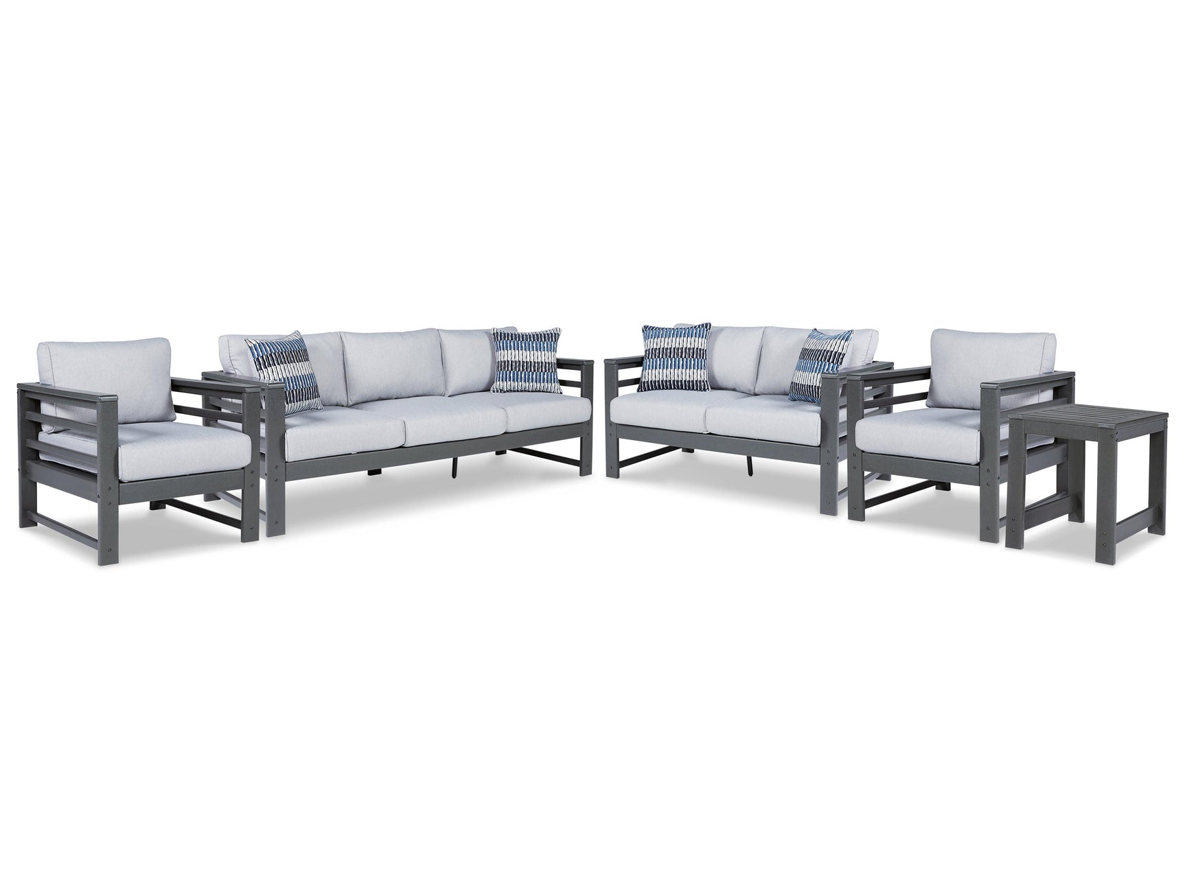 Amora Charcoal Gray Outdoor Sofa, Loveseat And 2 Lounge Chairs With End Table - Ella Furniture