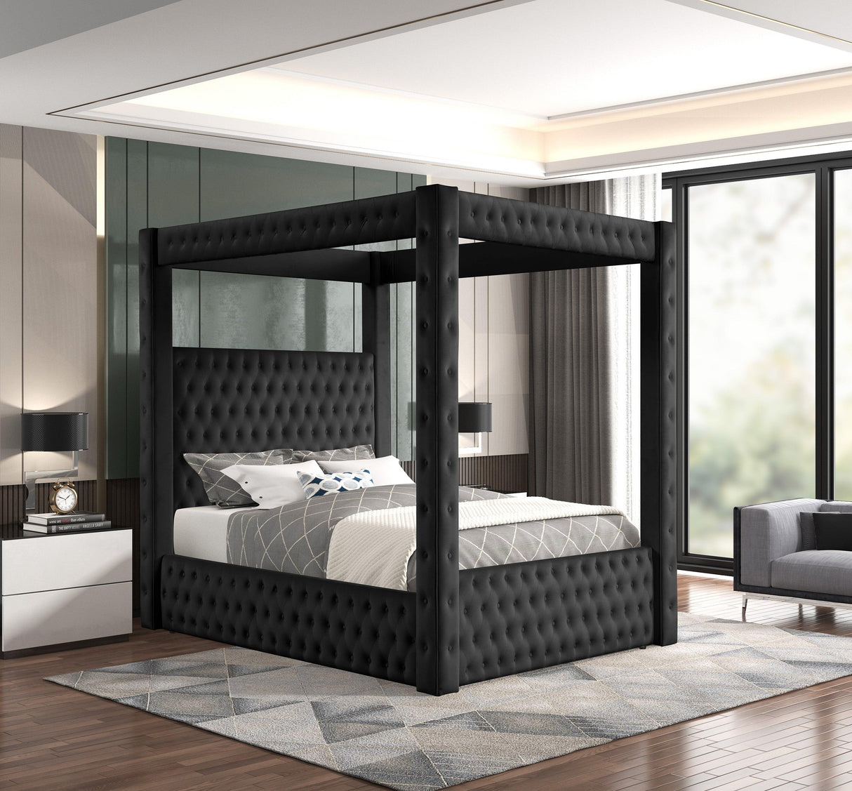 Annabelle Black Modern Solid Wood Velvet Upholstered Tufted Queen Bed - Ella Furniture