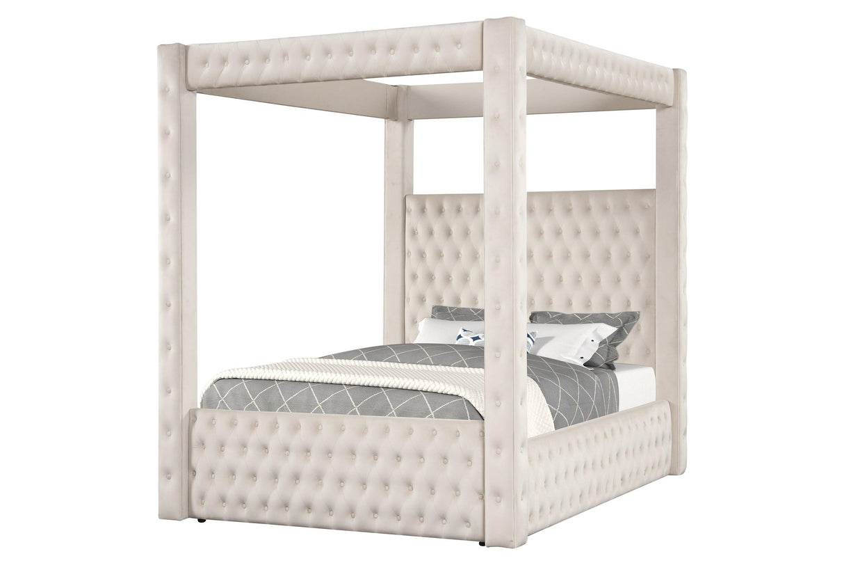 Annabelle Ivory Modern Solid Wood Velvet Upholstered Tufted Queen Bed - Ella Furniture