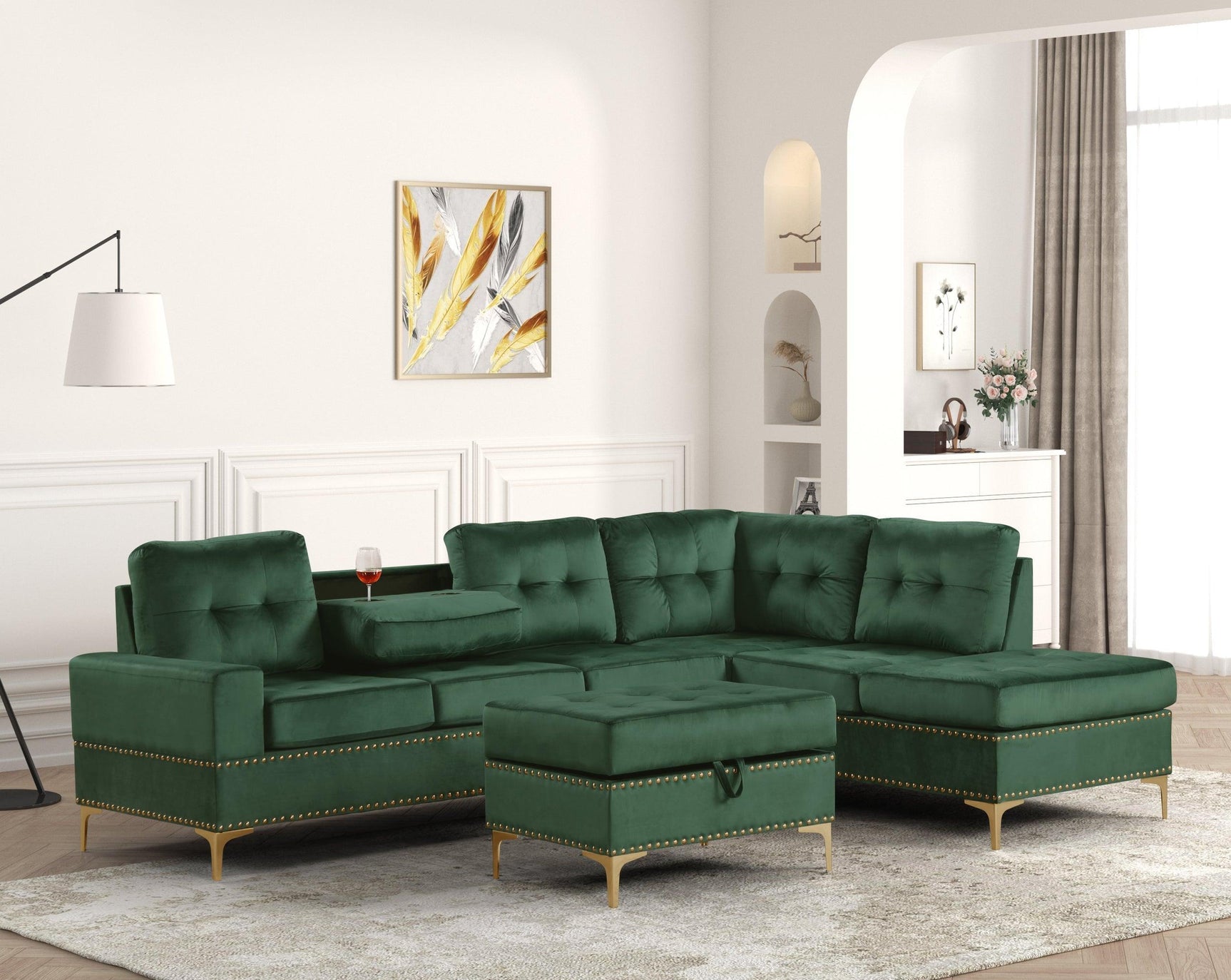 Anserra Green Reversible Sectional + Ottoman Set - Ella Furniture