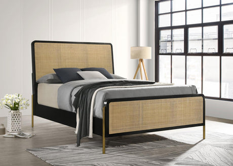 Arini Arini Queen Bed With Woven Rattan Headboard Black And Natural 224330Q - Ella Furniture