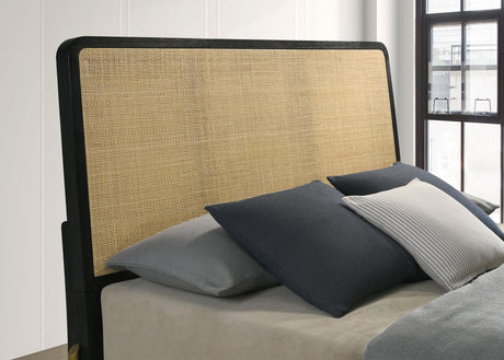 Arini Arini Queen Bed With Woven Rattan Headboard Black And Natural 224330Q - Ella Furniture