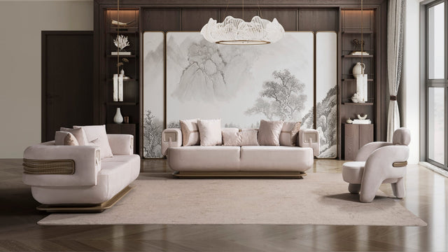 Athena Sofa, Loveseat, and Chair Set with Plush Cushions and Metallic Base from Ella Furniture