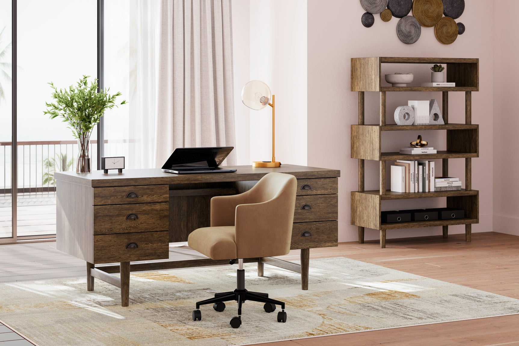 Austanny Warm Brown Home Office Desk with Chair and Storage - Ella Furniture