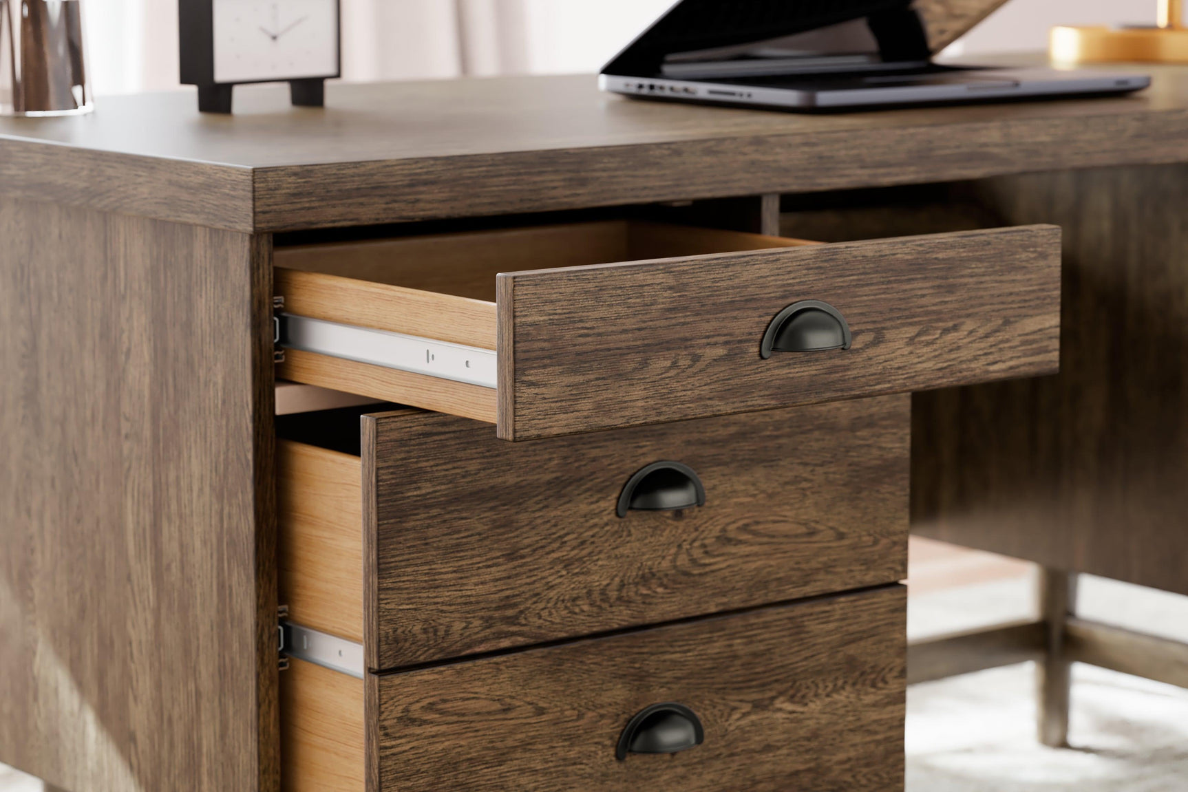 Austanny Warm Brown Home Office Desk with Chair and Storage - Ella Furniture