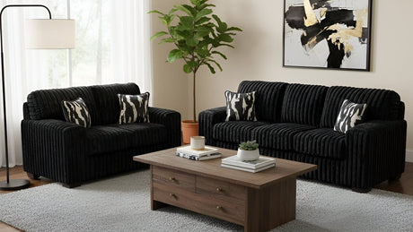 Austin Black Corduroy Sofa and Loveseat Set with Accent Pillows from Ella Furniture