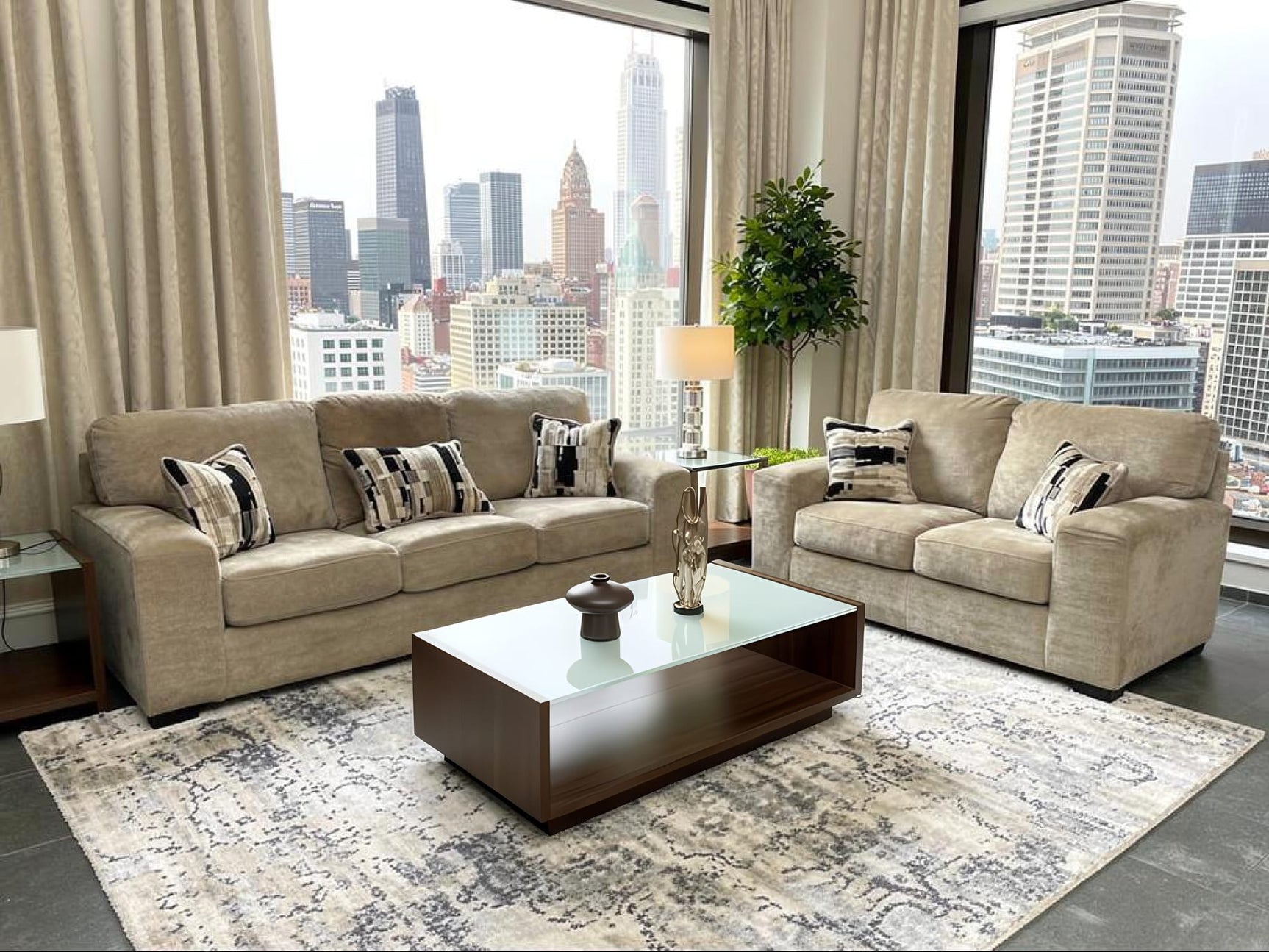 Austin Coco Faux Fur Sofa and Loveseat Set with Accent Pillows from Ella Furniture