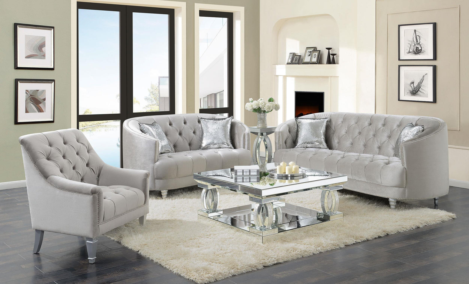 AVONLEA COLLECTION Avonlea 3-piece Upholstered Sloped Arm Sofa Set Grey Velvet 508461-S3 - Ella Furniture